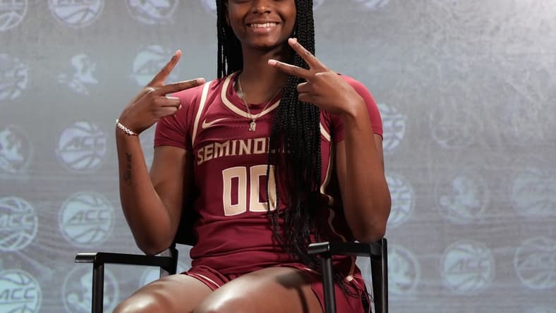 Oct 24, 2023; Charlotte, NC, USA; Florida State player Ta Niya Latson during the ACC Women s Tipoff at Hilton Charlotte Uptown. Mandatory Credit: Jim Dedmon-USA TODAY Sports