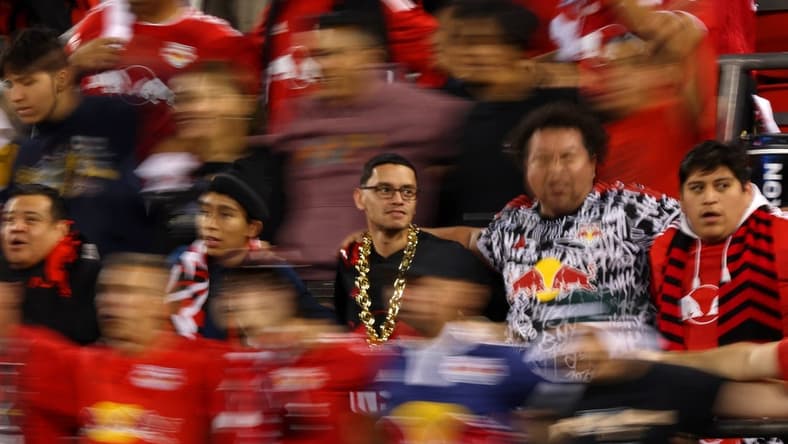 Oct 25, 2023; Harrison, NJ, USA; New York Red Bulls fans cheer during the first in the Eastern Conference Wild Card match of the 2023 MLS Cup Playoffs at Red Bull Arena. Mandatory Credit: Vincent Carchietta-USA TODAY Sports