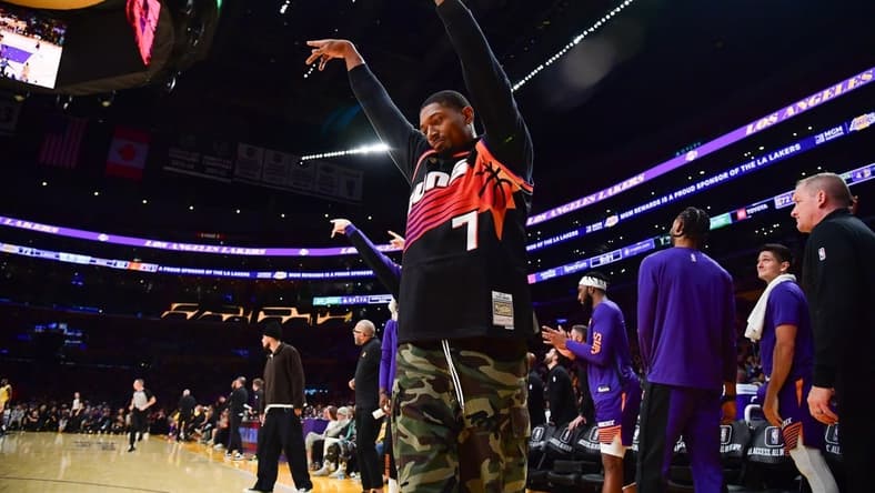 Oct 26, 2023; Los Angeles, California, USA; Phoenix Suns guard Bradley Beal (3) reacts after forward Kevin Durant (35) scores a three point basket against the Los Angeles Lakers during the second half at Crypto.com Arena. Mandatory Credit: Gary A. Vasquez-USA TODAY Sports