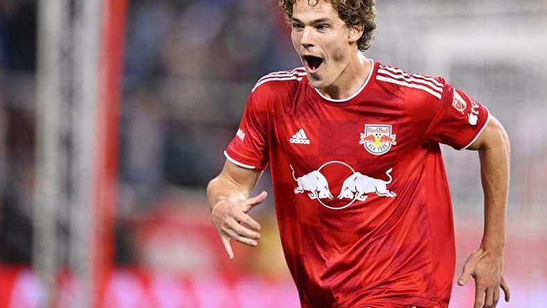 Nov 4, 2023; Harrison, NJ, USA; New York Red Bulls forward Tom Barlow (74) celebrates after scoring a goal during the second half against the FC Cincinnati of game two in a round one match of the 2023 MLS Cup Playoffs at Red Bull Arena. Mandatory Credit: Mark Smith-USA TODAY Sports