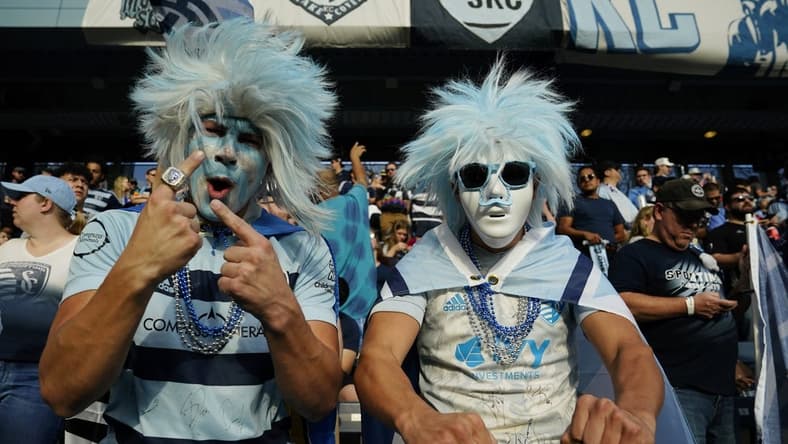Nov 5, 2023; Kansas City, KS, USA; Sporting Kansas City fans before the start of the match of game two in a round one match of the 2023 MLS Cup Playoffs at Children's Mercy Park. Mandatory Credit: Jay Biggerstaff-USA TODAY Sports