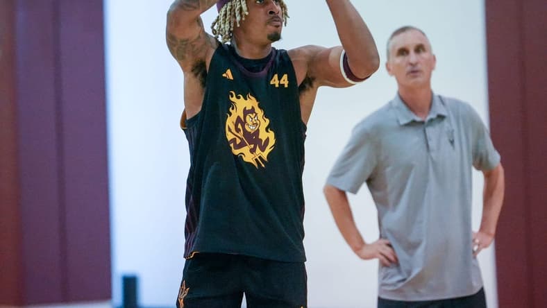 Arizona State University's Adam Miller (44) attends a basketball practice at the campus Weatherup Center in Tempe on Sept. 27, 2023.