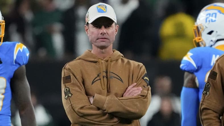 Nov 6, 2023; East Rutherford, New Jersey, USA; Los Angeles Chargers head coach Brandon Staley looks on before a game against the New York Jets at MetLife Stadium. Mandatory Credit: Robert Deutsch-USA TODAY Sports