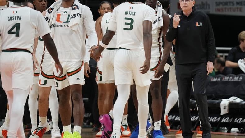Nov 6, 2023; Coral Gables, Florida, USA; Miami (Fl) Hurricanes head coach Jim Larranaga talks to his team in the first half against the N.J.I.T Highlanders at Watsco Center. Mandatory Credit: Jim Rassol-USA TODAY Sports