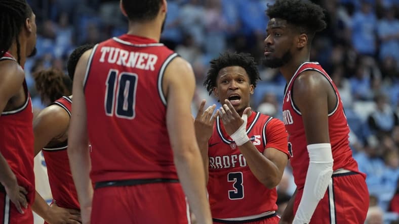 Nov 6, 2023; Chapel Hill, North Carolina, USA; Radford Highlanders guard Kenyon Giles (3) talks to the team in the huddle in the second half at Dean E. Smith Center. Mandatory Credit: Bob Donnan-USA TODAY Sports