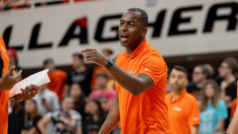 Oklahoma State head coach Mike Boynton reacts during a timeout during the second half of an NCAA men  s college basketball game Monday, Nov. 6, 2023., in Stillwater, Okla. (Mitch Alcala for the Oklahoman)