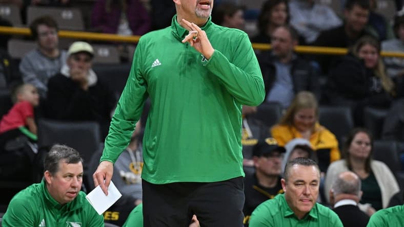 Nov 7, 2023; Iowa City, Iowa, USA; North Dakota Fighting Hawks head coach Paul Sather reacts during the first half against the Iowa Hawkeyes at Carver-Hawkeye Arena. Mandatory Credit: Jeffrey Becker-USA TODAY Sports