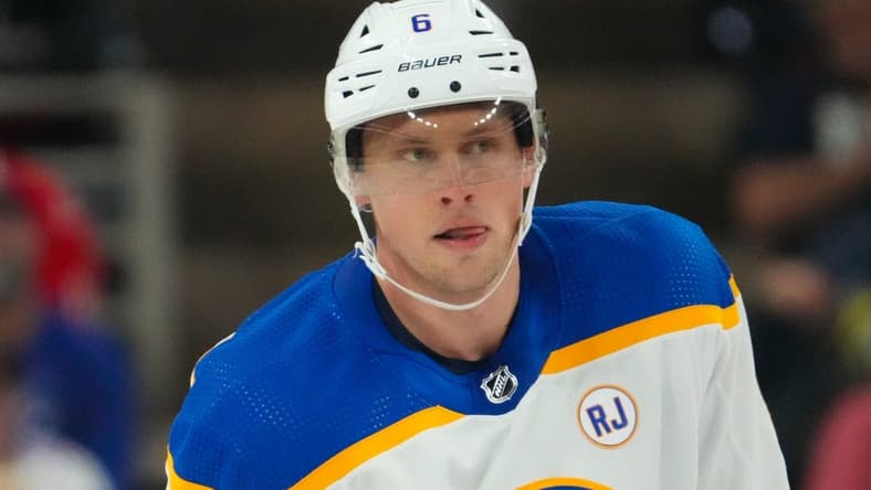 Nov 7, 2023; Raleigh, North Carolina, USA; Buffalo Sabres defenseman Erik Johnson (6) looks on against the Carolina Hurricanes during the third period at PNC Arena. Mandatory Credit: James Guillory-USA TODAY Sports