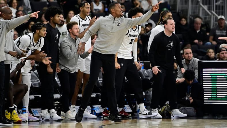 Nov 14, 2023; Providence, Rhode Island, USA; Providence Friars head coach Kim English reacts to a play against the Wisconsin Badgers during the second half at Amica Mutual Pavilion. Mandatory Credit: Eric Canha-USA TODAY Sports
