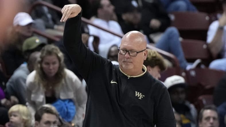 Nov 16, 2023; Charleston, South Carolina, USA; Wake Forest Demon Deacons head coach Steve Forbes reacts to play on the court in the second half against the Utah Utes at TD Arena. Mandatory Credit: David Yeazell-USA TODAY Sports