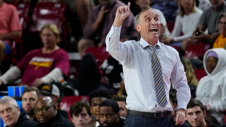 ASU head coach Bobby Hurley calls out to his team against UMass Lowell during a game at Desert Financial Arena in Tempe on Nov. 16, 2023.