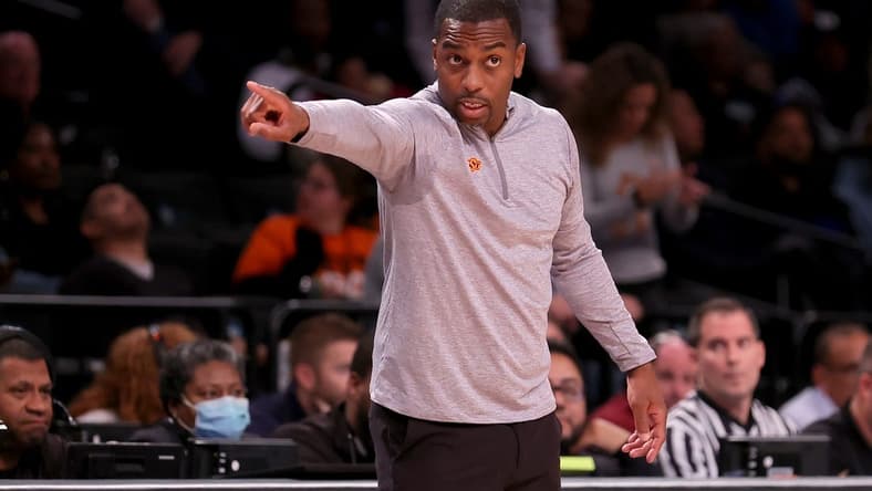 Nov 17, 2023; Brookyln, NY, USA; Oklahoma State Cowboys head coach Mike Boynton coaches against the Notre Dame Fighting Irish during overtime at Barclays Center. Mandatory Credit: Brad Penner-USA TODAY Sports