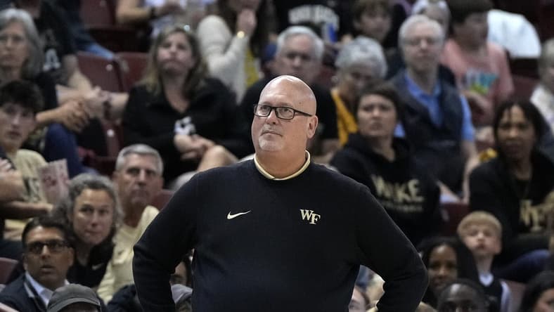 Nov 17, 2023; Charleston, SC, USA; Wake Forest Demon Deacons head coach Steve Forbes watches the action on the court in the second half against the Towson Tigers at TD Arena. Mandatory Credit: David Yeazell-USA TODAY Sports