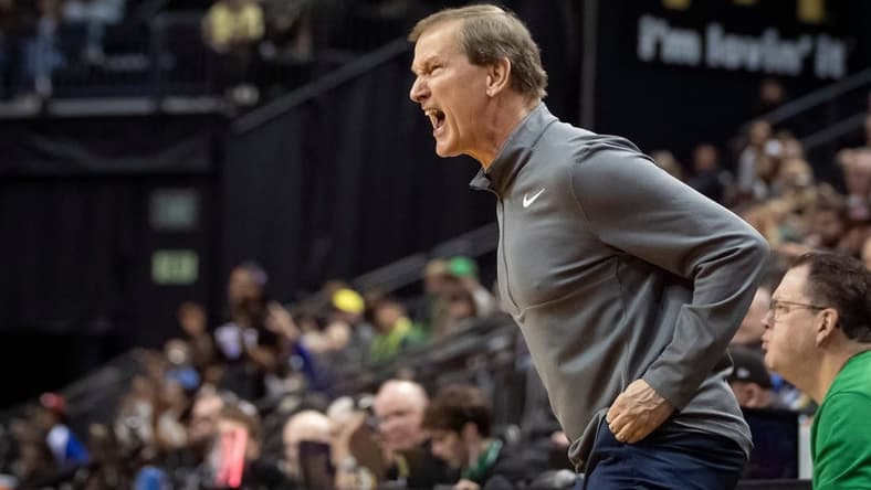 Oregon head coach Dana Altman reacts to a foul as the Oregon Ducks host Tennessee State Friday, Nov. 17, 2023, at Matthew Knight Arena in Eugene, Ore.