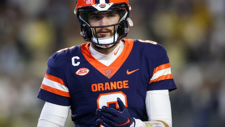 Nov 18, 2023; Atlanta, Georgia, USA; Syracuse Orange quarterback Garrett Shrader (6) on the sideline against the Georgia Tech Yellow Jackets in the second half at Bobby Dodd Stadium at Hyundai Field. Mandatory Credit: Brett Davis-USA TODAY Sports