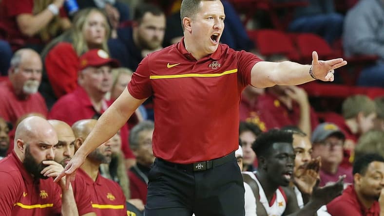 Iowa State men's basketball head coach T.J. Otzelberger reacts at the side line during the first half against Grambling State in the NCAA men's basketball at Hilton Coliseum on Sunday, Nov. 19, 2023, in Ames, Iowa.