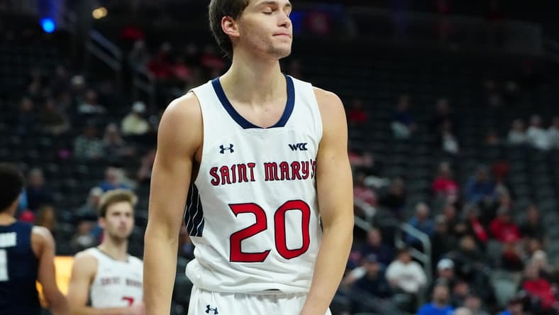 Nov 19, 2023; Las Vegas, NV, USA; St. Mary's Gaels guard Aidan Mahaney (20) reacts to a foul during the second half against the Xavier Musketeers at T-Mobile Arena. Mandatory Credit: Stephen R. Sylvanie-USA TODAY Sports