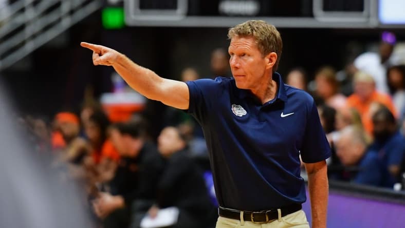 Nov 21, 2023; Honolulu, HI, USA;  Gonzaga Bulldogs head coach Mark Few gives instructions to his team in the second half while playing the Syracuse Orange at SimpliFi Arena at Stan Sheriff Center. Mandatory Credit: Steven Erler-USA TODAY Sports