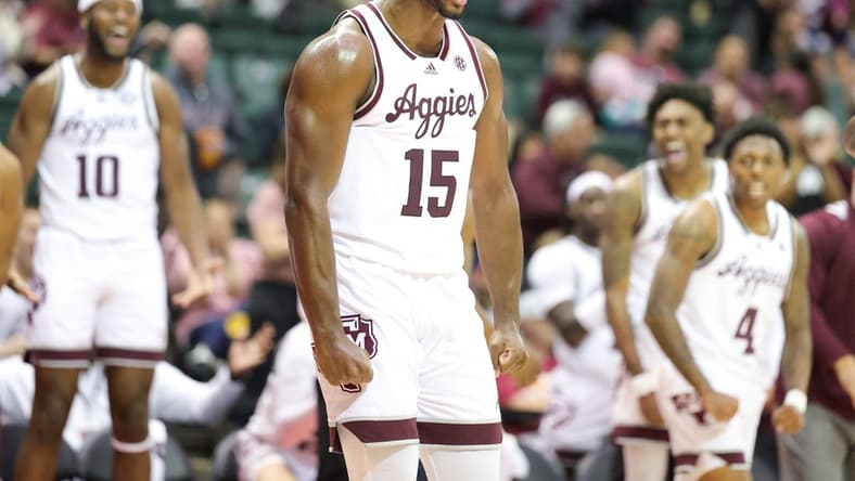 Nov 23, 2023; Kissimmee, FL, USA; Texas A&M Aggies forward Henry Coleman III (15) reacts after a play against the Penn State Nittany Lions in the first half during the ESPN Events Invitational at State Farm Field House. Mandatory Credit: Nathan Ray Seebeck-USA TODAY Sports