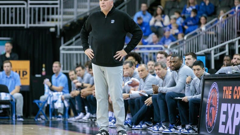 Nov 23, 2023; Kansas City, Missouri, USA; Creighton Bluejays head coach Greg McDermott on the sidelines during the first half Colorado State Rams at T-Mobile Center. Mandatory Credit: William Purnell-USA TODAY Sports