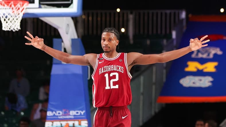 Nov 24, 2023; Paradise Island, BAHAMAS; Arkansas Razorbacks guard Tramon Mark (12) reacts after scoring during the second half against the North Carolina Tar Heels at Imperial Arena. Mandatory Credit: Kevin Jairaj-USA TODAY Sports