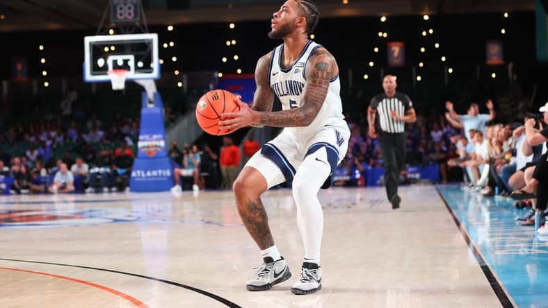 Nov 24, 2023; Paradise Island, BAHAMAS; Villanova Wildcats guard Justin Moore (5) shoots during the first half against the Memphis Tigers at Imperial Arena. Mandatory Credit: Kevin Jairaj-USA TODAY Sports