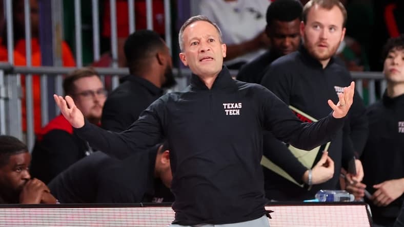 Nov 24, 2023; Paradise Island, BAHAMAS;  Texas Tech Red Raiders head coach Grant McCasland reacts during the first half against the Michigan Wolverines  at Imperial Arena. Mandatory Credit: Kevin Jairaj-USA TODAY Sports
