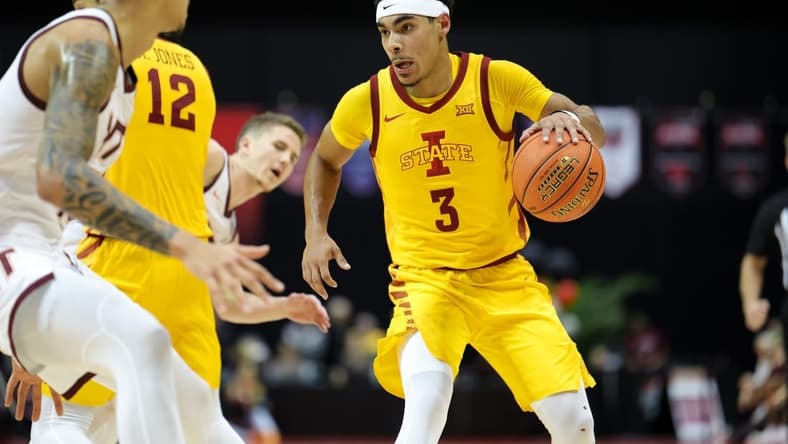 Nov 24, 2023; Kissimmee, FL, USA; Iowa State Cyclones guard Tamin Lipsey (3) controls the ball against the Virginia Tech Hokies in the second half during the ESPN Events Invitational Semifinal at State Farm Field House. Mandatory Credit: Nathan Ray Seebeck-USA TODAY Sports