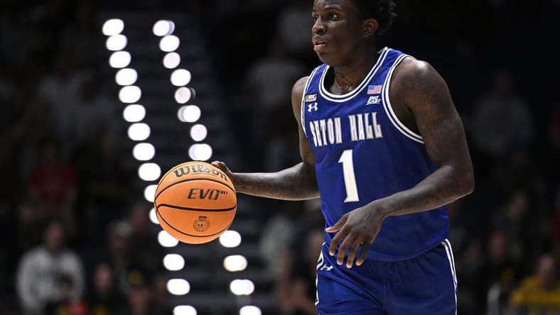 Nov 24, 2023; La Jolla, California, USA; Seton Hall Pirates guard Kadary Richmond (1) dribbles the ball during the second half against the Iowa Hawkeyes at LionTree Arena. Mandatory Credit: Orlando Ramirez-USA TODAY Sports