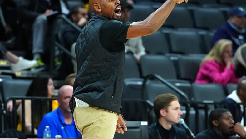Nov 24, 2023; Las Vegas, NV, USA; Vanderbilt Commodores head coach Jerry Stackhouse argues a call in favor of the Arizona State Sun Devils during the first half at Michelob ULTRA Arena. Mandatory Credit: Stephen R. Sylvanie-USA TODAY Sports