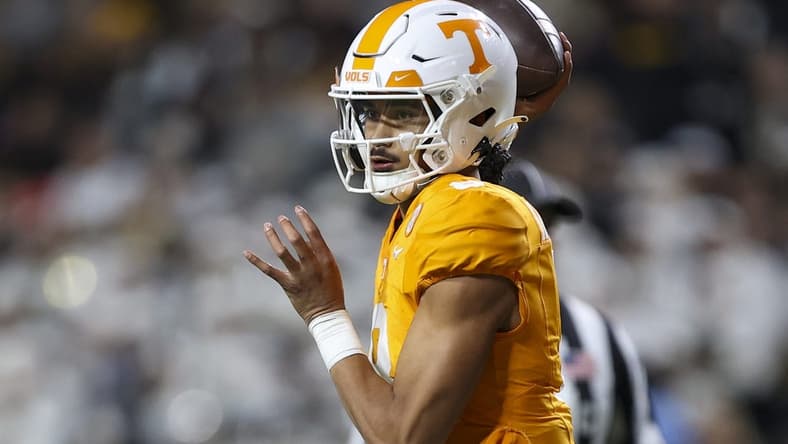 Nov 25, 2023; Knoxville, Tennessee, USA; Tennessee Volunteers quarterback Nico Iamaleava (8) passes the ball against the Vanderbilt Commodores during the second half at Neyland Stadium. Mandatory Credit: Randy Sartin-USA TODAY Sports