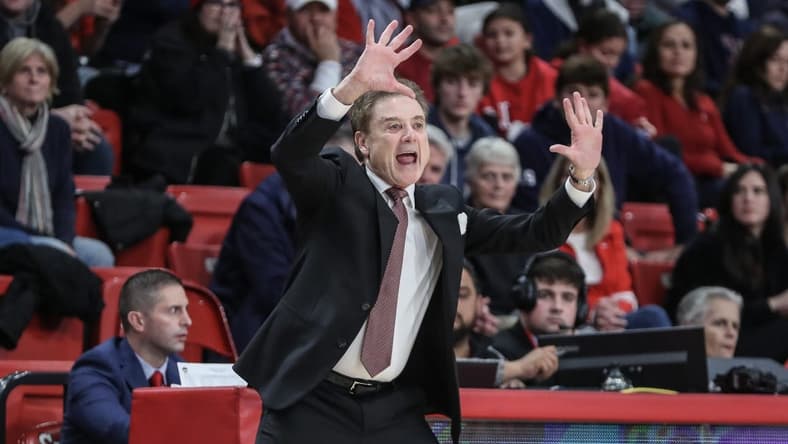 Nov 25, 2023; Queens, New York, USA; St. John's Red Storm head coach Rick Pitino yells out instructions in the first half against the Holy Cross Crusaders at Carnesecca Arena. Mandatory Credit: Wendell Cruz-USA TODAY Sports