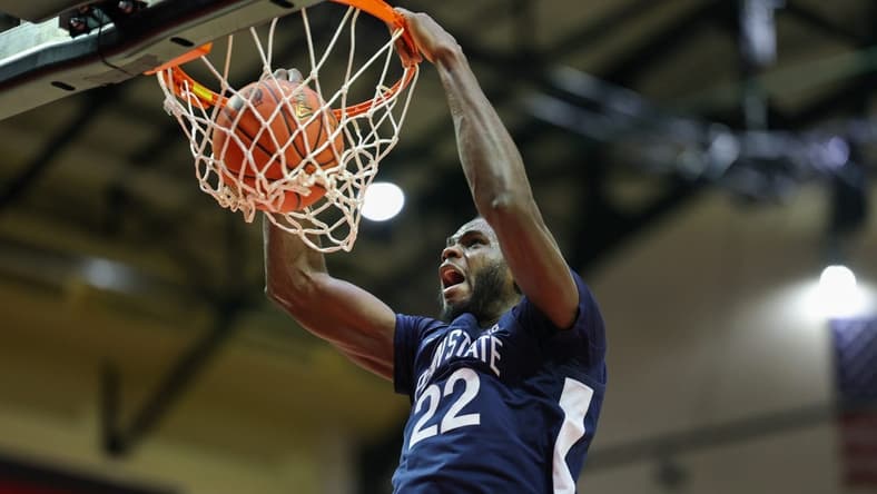Nov 26, 2023; Kissimmee, FL, USA; Penn State Nittany Lions forward Qudus Wahab (22) dunks the ball against the Virginia Commonwealth Rams in the second half during the ESPN Invitational Events tournament seventh place game at State Farm Field House. Mandatory Credit: Nathan Ray Seebeck-USA TODAY Sports