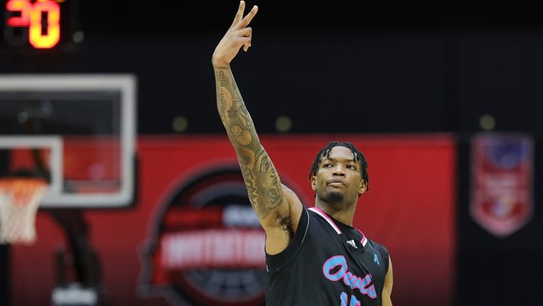 Nov 26, 2023; Kissimmee, FL, USA; Florida Atlantic Owls guard Alijah Martin (15) reacts after making a basket against the Virginia Tech Hokies in the second half during the ESPN Events Invitational Championship game at State Farm Field House. Mandatory Credit: Nathan Ray Seebeck-USA TODAY Sports