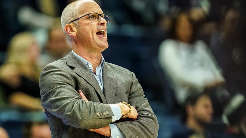 Nov 27, 2023; Storrs, Connecticut, USA; UConn Huskies head coach Dan Hurley watches from the sideline as they take on the New Hampshire Wildcats at Harry A. Gampel Pavilion. Mandatory Credit: David Butler II-USA TODAY Sports