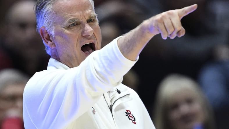 Nov 27, 2023; San Diego, California, USA; San Diego State Aztecs head coach Brian Dutcher gestures during the second half against the Point Loma Nazarene Sea Lions at Viejas Arena. Mandatory Credit: Orlando Ramirez-USA TODAY Sports
