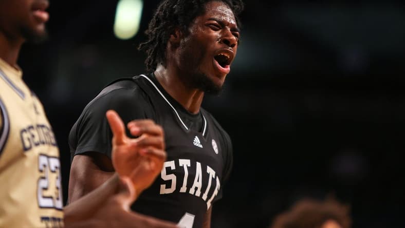 Nov 28, 2023; Atlanta, Georgia, USA; Mississippi State Bulldogs forward Cameron Matthews (4) reacts to a referee against the Georgia Tech Yellow Jackets in the second half at McCamish Pavilion. Mandatory Credit: Brett Davis-USA TODAY Sports