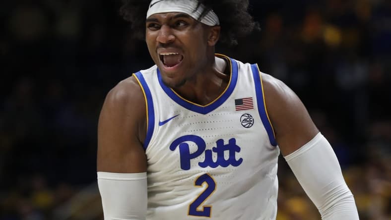 Nov 28, 2023; Pittsburgh, Pennsylvania, USA; Pittsburgh Panthers forward Blake Hinson (2) reacts after a made basket against the Missouri Tigers during the second half at the Petersen Events Center. The Tigers won 71-64. Mandatory Credit: Charles LeClaire-USA TODAY Sports