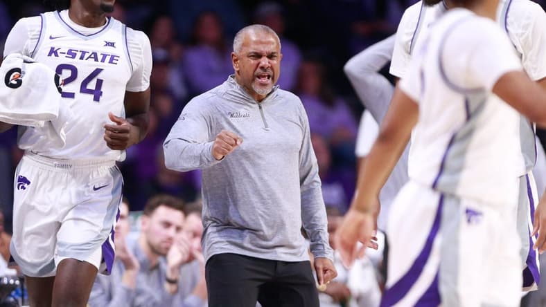 Kansas State coach Jerome Tang yells toward his players during the first half of Tuesday's game against Oral Roberts inside Bramlage Coliseum.