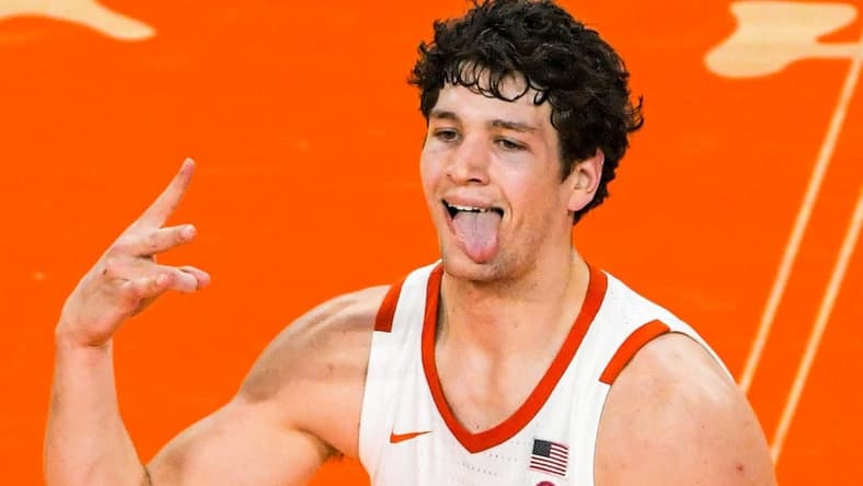 Clemson sophomore forward PJ Hall (24) reacts after making a three-point shot against Wake Forest during the second half at Littlejohn Coliseum.