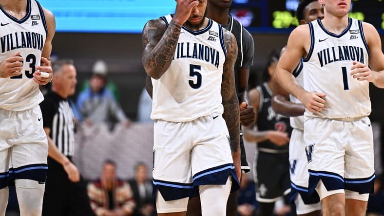 Nov 29, 2023; Villanova, Pennsylvania, USA; Villanova Wildcats guard Justin Moore (5) reacts against the Saint Joseph's Hawks in the second half at William B. Finneran Pavilion. Mandatory Credit: Kyle Ross-USA TODAY Sports