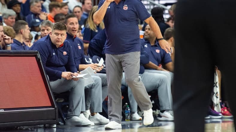 Auburn Tigers head coach Bruce Pearl talks with his team from the sideline as Auburn Tigers take on Virginia Tech Hokies at Neville Arena in Auburn, Ala., on Wednesday, Nov. 29, 2023. Auburn Tigers leads Virginia Tech Hokies 33-24 at halftime.