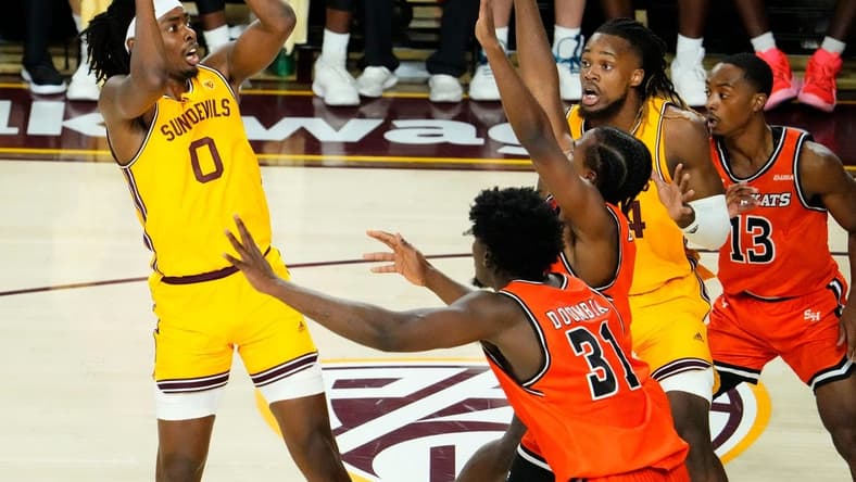 Arizona State Sun Devils guard Kamari Lands (0) looks to the basket against the Sam Houston State Bearkats at Desert Financial Arena in Tempe on Nov. 29, 2023. Mandatory Credit: Rob Schumacher-Arizona Republic
