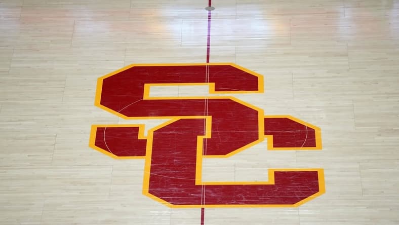 Nov 29, 2023; Los Angeles, California, USA The SC logo at midcourt during the game between the Southern California Trojans and the Eastern Washington Eagles at the Galen Center. Mandatory Credit: Kirby Lee-USA TODAY Sports