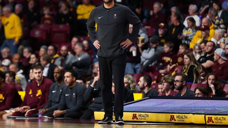 Nov 30, 2023; Minneapolis, Minnesota, USA; Minnesota Golden Gophers head coach Ben Johnson looks on during the first half against the New Orleans Privateers at Williams Arena. Mandatory Credit: Matt Krohn-USA TODAY Sports