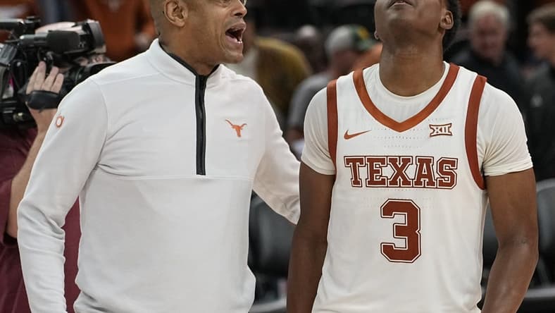 Nov 30, 2023; Austin, Texas, USA; Texas Longhorns head coach Rodney Terry talks with guard Max Abmas (3) after a victory over the Texas State Bobcats at Moody Center. Mandatory Credit: Scott Wachter-USA TODAY Sports