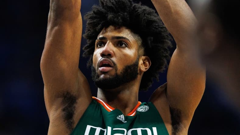 Nov 28, 2023; Lexington, Kentucky, USA; Miami (Fl) Hurricanes forward Norchad Omier (15) shoots a free throw during the first half against the Kentucky Wildcats at Rupp Arena at Central Bank Center. Mandatory Credit: Jordan Prather-USA TODAY Sports