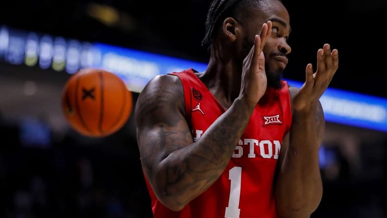 Dec 1, 2023; Cincinnati, Ohio, USA; Houston Cougars guard Jamal Shead (1) reacts after a play against the Xavier Musketeers in the second half at Cintas Center. Mandatory Credit: Katie Stratman-USA TODAY Sports