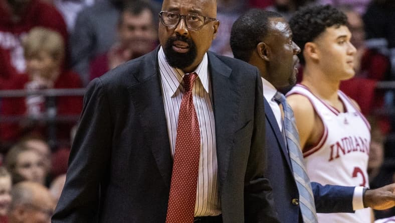 Dec 1, 2023; Bloomington, Indiana, USA; Indiana Hoosiers head coach Mike Woodson in the first half against the Maryland Terrapins at Simon Skjodt Assembly Hall. Mandatory Credit: Trevor Ruszkowski-USA TODAY Sports