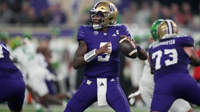 Dec 1, 2023; Las Vegas, NV, USA; Washington Huskies quarterback Michael Penix Jr. (9) throws the ball against the Oregon Ducks in the first half at Allegiant Stadium. Mandatory Credit: Kirby Lee-USA TODAY Sports
